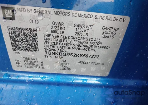 2019 Chevrolet Blazer из США, поврежденный, VIN 3GNKBGRS2KS587322